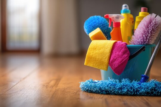 Colorful Cleaning Supplies in a Bucket on a Wooden Floor.