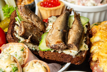 Assorted appetizers on a buffet table including rye bread with sardines, cucumber, caviar tart, ham rolls, creamy salad, and baked cheese dish. Top view, close-up, indoor