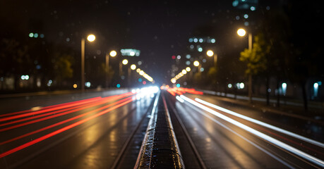 Fototapeta premium Dynamic City Night with Light Trails on Wet Road, Long Exposure