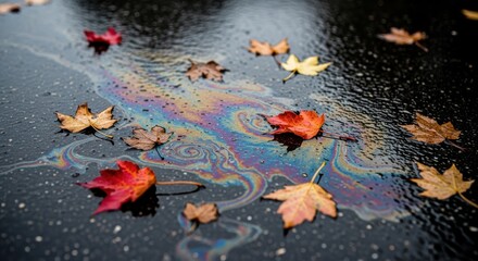 Photo of vibrant iridescent oil slick on wet asphalt surrounded by fallen autumn leaves, creating a colorful abstract pattern on the dark ground