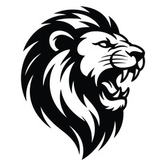 Fierce black and white lion head roaring with a majestic mane