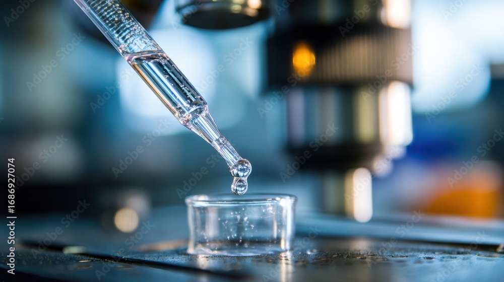 Poster detail of a pipette immersed in liquid during gravimetric testing balanced on a scale with the pipet