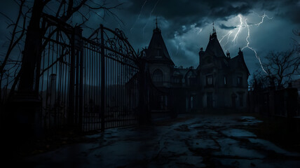 Dark, stormy night at a gothic mansion with a large wrought iron gate.