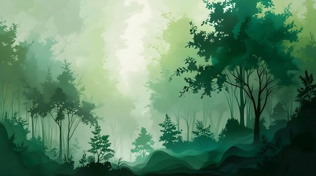 A foggy, abstract landscape with a green forest of pine trees and a serene lake under a misty blue sky