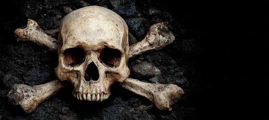 Gothic Still Life with Skull and Crossbones on Dark Grunge Stone Background for Mysterious Feel