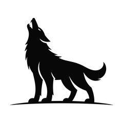 Silhouette of a wolf howling at the moon against a white background