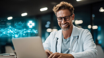 Clinical research professional engaged in data analysis in a modern laboratory setting with advanced technology
