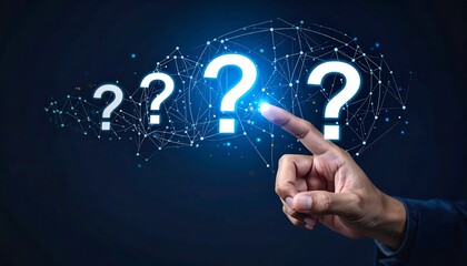 Hand pointing at question marks on a digital interface