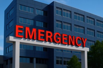 Obraz premium Bright Emergency Sign Guides Patients to Hospital Entrance, a symbol of urgent care with a modern architectural facade against a clear blue sky
