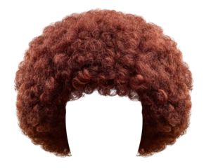 Red curly afro wig, bold fashion style, ultra realistic synthetic hair, high fidelity texture, playful and vibrant, costume accessory for parties and events