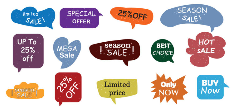 Print sale labels, discount offers, promotional tags, speech bubbles, marketing graphics, seasonal sale, best choice, hot sale, limited time offer, price reduction, buy now, special offer vectors.eps