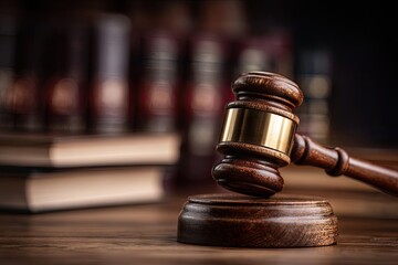 Judges gavel and sound block on a wooden desk with law books in the background.