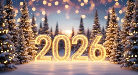 Winter, Christmas, 2026, gold numbers, snow, trees, holiday lights, bokeh, 8K, detailed, incredibly realistic, magical, dramatic, and cinematic