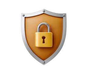 Shield with padlock symbol cyber security protection digital safety secure access privacy defense orange leather texture metallic border 3D illustration