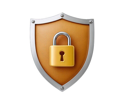 Shield with padlock symbol cyber security protection digital safety secure access privacy defense orange leather texture metallic border 3D illustration