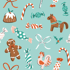 Obraz premium Cute merry Christmas seamless pattern with sweets, bows and christmas gingerbread. Hand drawn holiday vector illustration. Funny new year seamless print design for fabric or wrapping paper