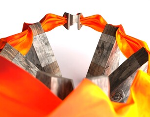Abstract design with orange fabric draped over wooden shapes
