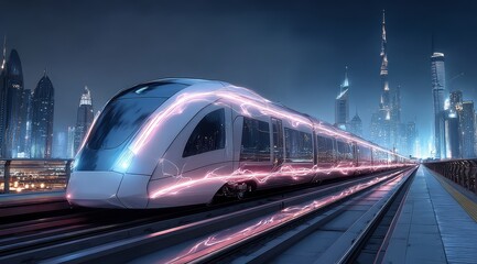 Naklejka premium Futuristic train with glowing lights travels through a modern cityscape at night
