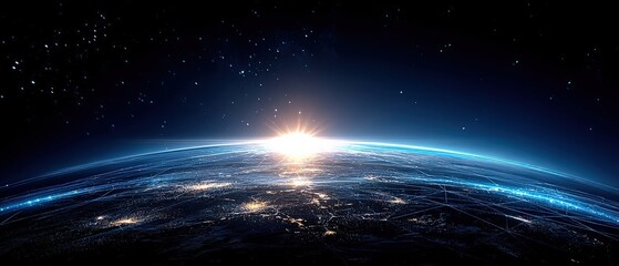 A breathtaking view of Earth from space, showcasing a sunrise above the horizon, stars twinkling in the background, and the planet illuminated by city lights.