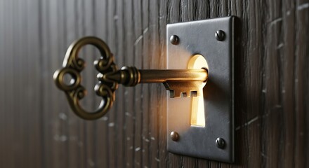 Obraz premium Golden Key with Wooden Door, Light, and Secret.