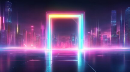 Neon-lit futuristic cityscape with glowing rectangular frame