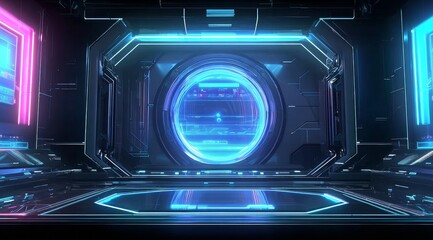 Futuristic Interior with Circular Portal and Neon Lighting