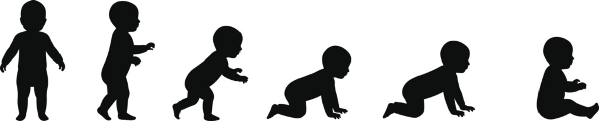 Baby development silhouette stages, infant growth vector set with crawling, sitting, walking toddler outlines for childcare and family design