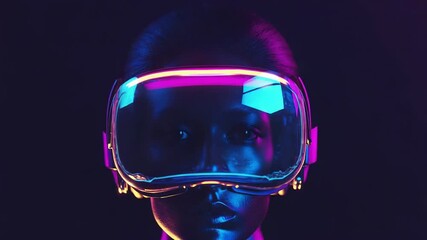 Mannequin wearing futuristic virtual reality headset in neon lighting - Powered by Adobe
