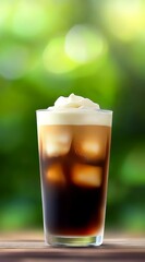 Iced Coffee with Whipped Cream in a Glass on a Wooden Table Against a Green Background