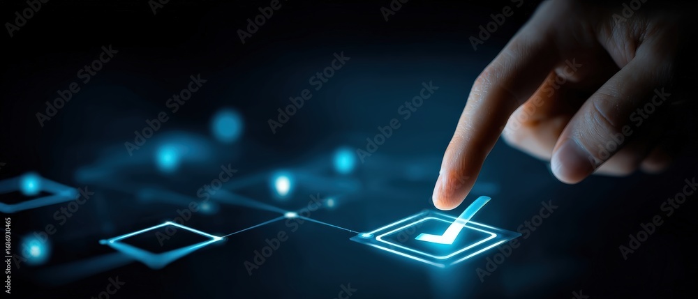 Aufkleber a hand hovers over a glowing digital interface, selecting a checkbox in a futuristic environment, sy