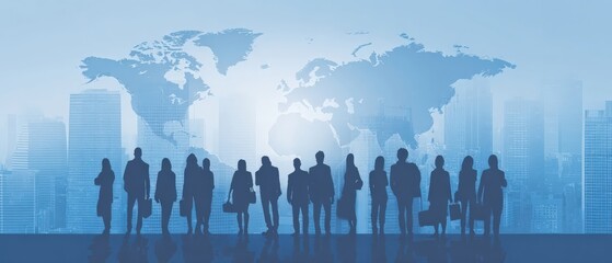 A silhouette of business professionals against a blue world map backdrop, symbolizing global commerce and teamwork.