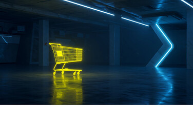 A luminous yellow shopping cart standing in a futuristic, blue neon-lit underground space, representing the evolution of digital retail and e-commerce