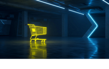 A luminous yellow shopping cart standing in a futuristic, blue neon-lit underground space, representing the evolution of digital retail and e-commerce