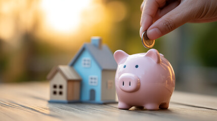 Saving money with a piggy bank beside a small house during sunset in a cozy setting