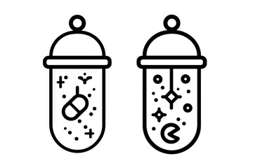 Two stylized capsule-shaped containers with decorative elements.