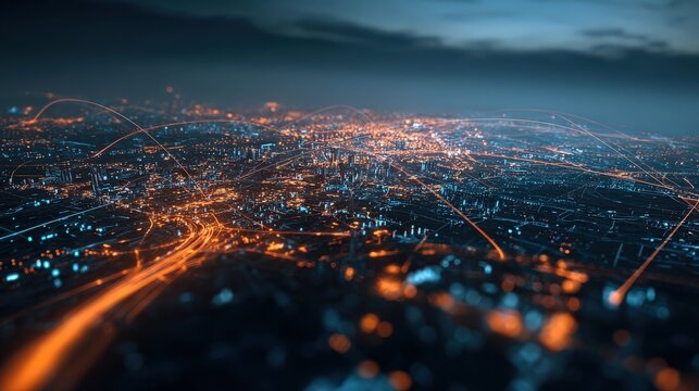 A stunning aerial view of a city at night, showcasing glowing lights and interconnected lines, representing technology and connectivity.