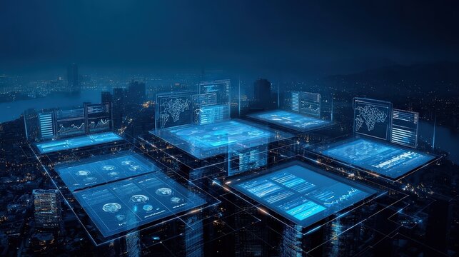 A futuristic cityscape featuring digital interfaces and data analytics overlaid on urban buildings against a night backdrop.