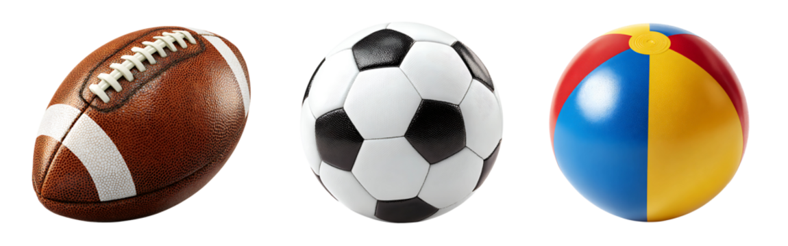 Three distinct sports balls including a rugby ball a soccer ball and a colorful beach ball isolated on a white or transparent background - Powered by Adobe