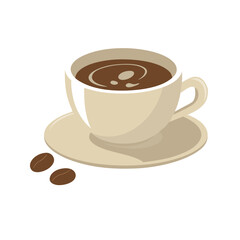 Isometric Coffee Cup Illustration with Beans and Light Brown Color Scheme