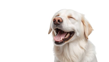 Portrait of a Golden Retriever Laughing with Eyes Closed on a Black Background close up head shot