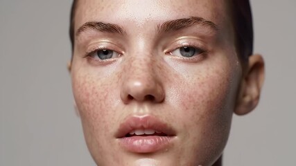 Radiant Freckled Woman's Face Close-Up in Studio with Brown Glitter Eyebrows and Glossy Skin in Neutral Background for Skincare Beauty Fashion Advertising Product Demo and Promotion Around Wellbeing