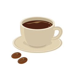 A Cup of Coffee with Coffee Beans on a Saucer Vector Illustration