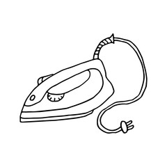Electric iron for ironing clothes. Household appliance. Doodle. Vector illustration. Hand drawn. Outline.