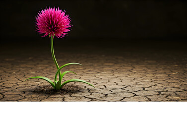 A symbol of hope, resilience, and new life, a vibrant pink flower emerges from the dry, cracked earth against a dark background