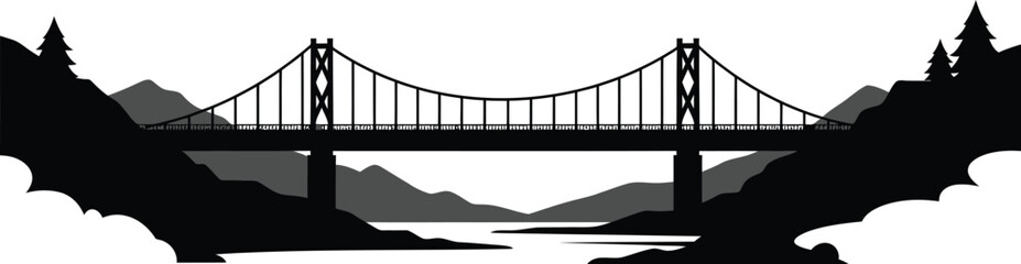 a scenic silhouette of bridge mountains and flowing river
