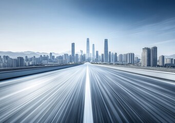 Highway Leading to a Modern Cityscape with Skyscrapers and Clear Sky