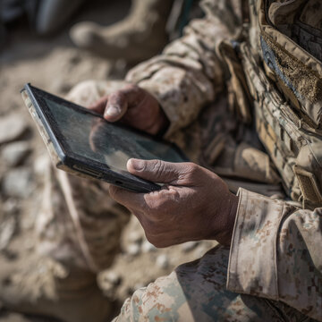 a military person hands holding a tablet