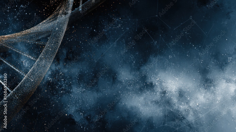 Poster An intricate DNA helix intertwines with a cosmic backdrop filled with stars, creating a mesmerizing visual of science and the universe