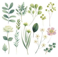 Set of flowers and leaves