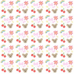 Colorful funky kid's seamless pattern with waterdolor drawn cute elements. Seamless pattern with flowers, rainbow, dog, cherry, ribbon. Freehand cute kid scribbles, childish doodles.